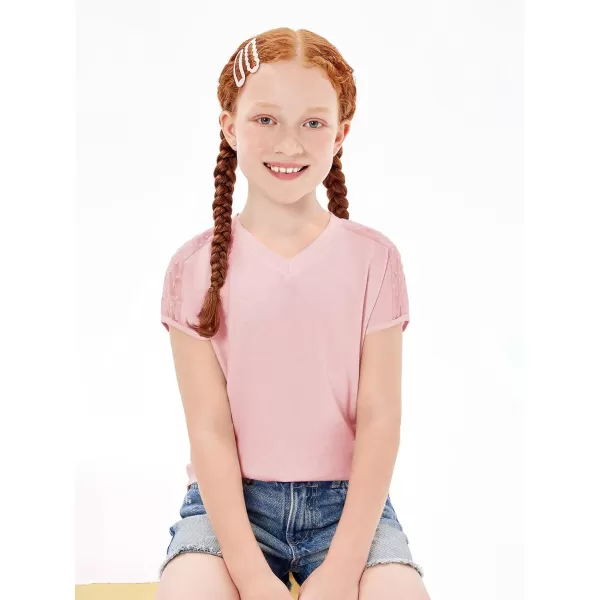 Haloumoning Girls V Neck T-Shirts Kids Summer Swiss Dot Short Sleeve Tops Cute Fashion Tees 5-14 Years