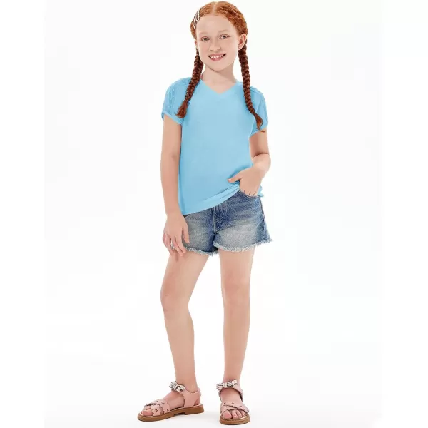 Haloumoning Girls V Neck T-Shirts Kids Summer Swiss Dot Short Sleeve Tops Cute Fashion Tees 5-14 Years