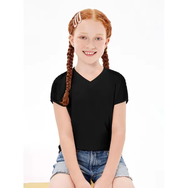 Haloumoning Girls V Neck T-Shirts Kids Summer Swiss Dot Short Sleeve Tops Cute Fashion Tees 5-14 Years