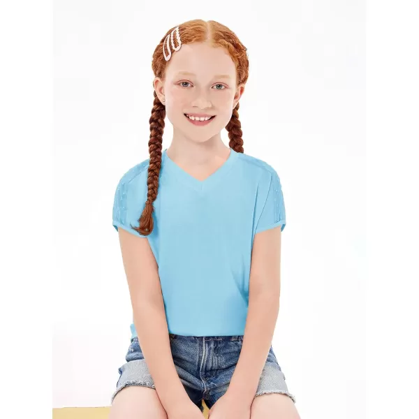 Haloumoning Girls V Neck T-Shirts Kids Summer Swiss Dot Short Sleeve Tops Cute Fashion Tees 5-14 Years