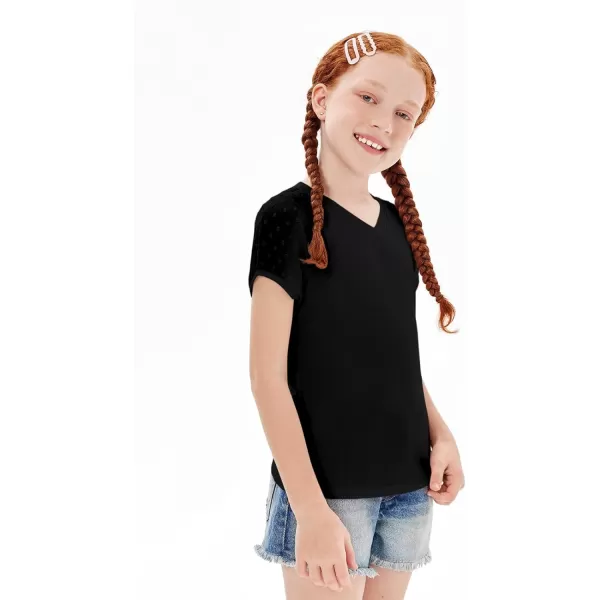Haloumoning Girls V Neck T-Shirts Kids Summer Swiss Dot Short Sleeve Tops Cute Fashion Tees 5-14 Years