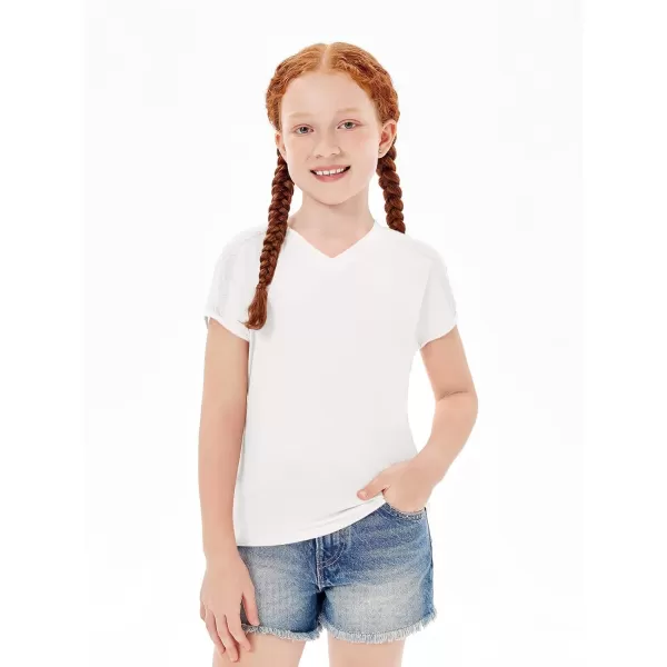 Haloumoning Girls V Neck T-Shirts Kids Summer Swiss Dot Short Sleeve Tops Cute Fashion Tees 5-14 Years