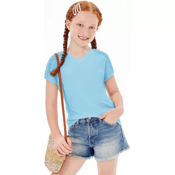 Haloumoning Girls V Neck T-Shirts Kids Summer Swiss Dot Short Sleeve Tops Cute Fashion Tees 5-14 Years