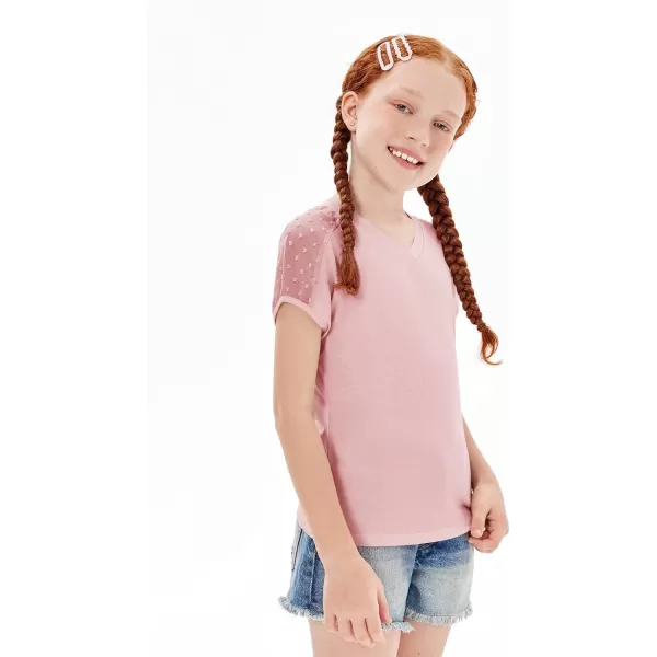 Haloumoning Girls V Neck T-Shirts Kids Summer Swiss Dot Short Sleeve Tops Cute Fashion Tees 5-14 Years