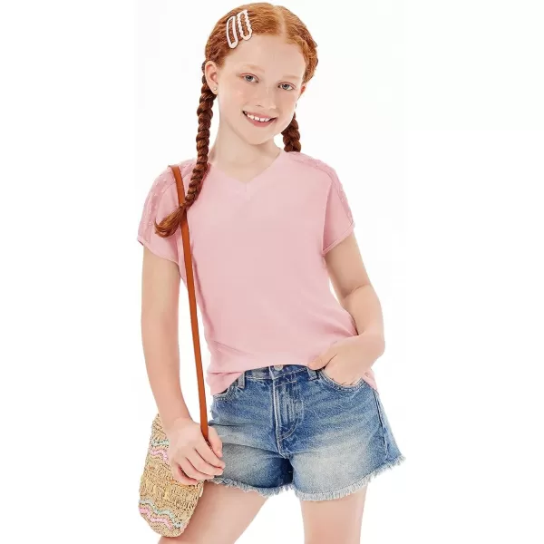 Haloumoning Girls V Neck T-Shirts Kids Summer Swiss Dot Short Sleeve Tops Cute Fashion Tees 5-14 Years