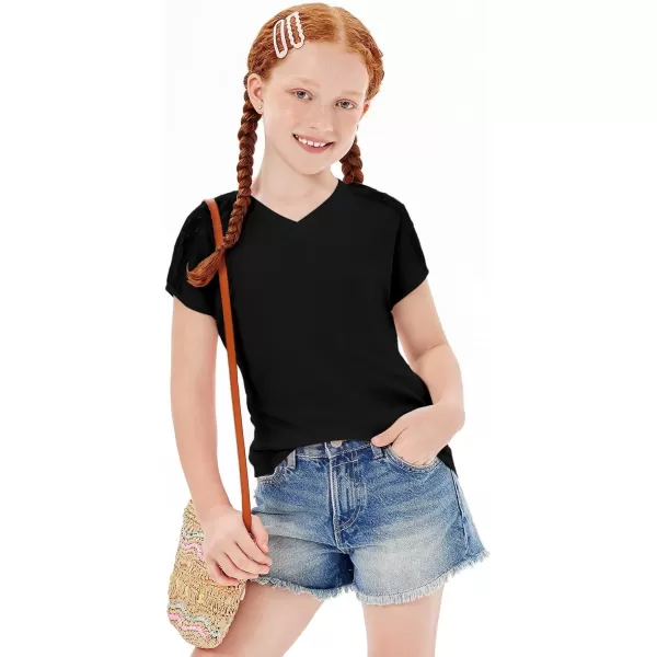 Haloumoning Girls V Neck T-Shirts Kids Summer Swiss Dot Short Sleeve Tops Cute Fashion Tees 5-14 Years