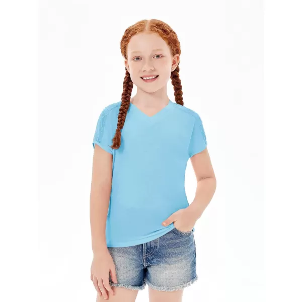 Haloumoning Girls V Neck T-Shirts Kids Summer Swiss Dot Short Sleeve Tops Cute Fashion Tees 5-14 Years
