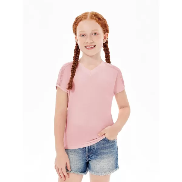 Haloumoning Girls V Neck T-Shirts Kids Summer Swiss Dot Short Sleeve Tops Cute Fashion Tees 5-14 Years