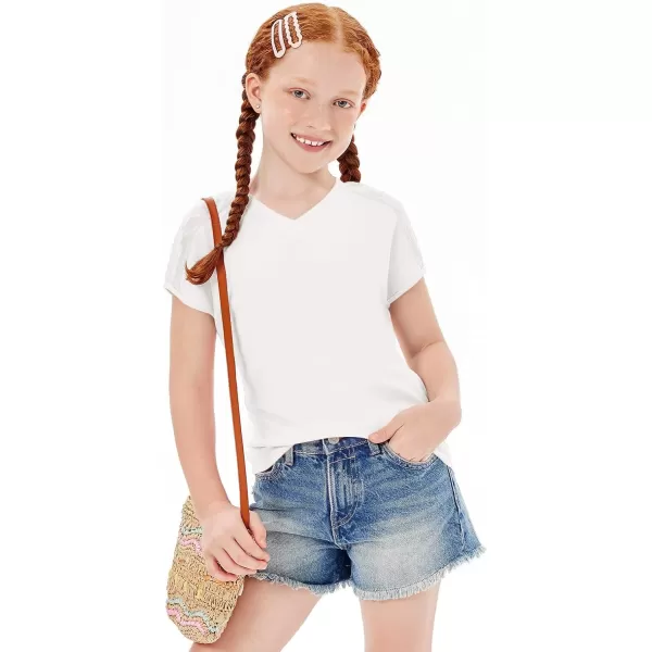 Haloumoning Girls V Neck T-Shirts Kids Summer Swiss Dot Short Sleeve Tops Cute Fashion Tees 5-14 Years