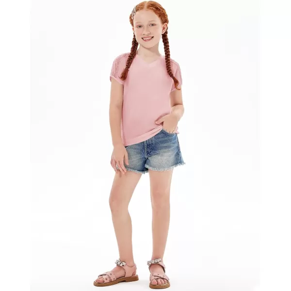Haloumoning Girls V Neck T-Shirts Kids Summer Swiss Dot Short Sleeve Tops Cute Fashion Tees 5-14 Years