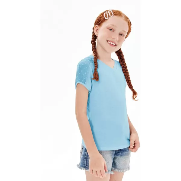 Haloumoning Girls V Neck T-Shirts Kids Summer Swiss Dot Short Sleeve Tops Cute Fashion Tees 5-14 Years