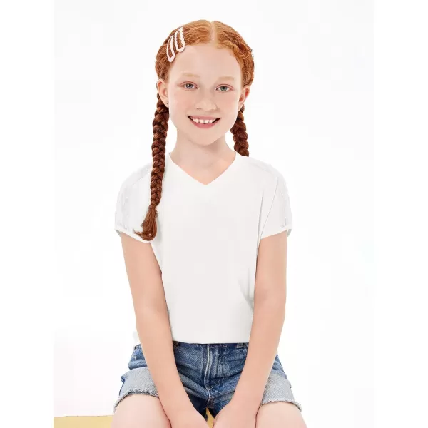 Haloumoning Girls V Neck T-Shirts Kids Summer Swiss Dot Short Sleeve Tops Cute Fashion Tees 5-14 Years
