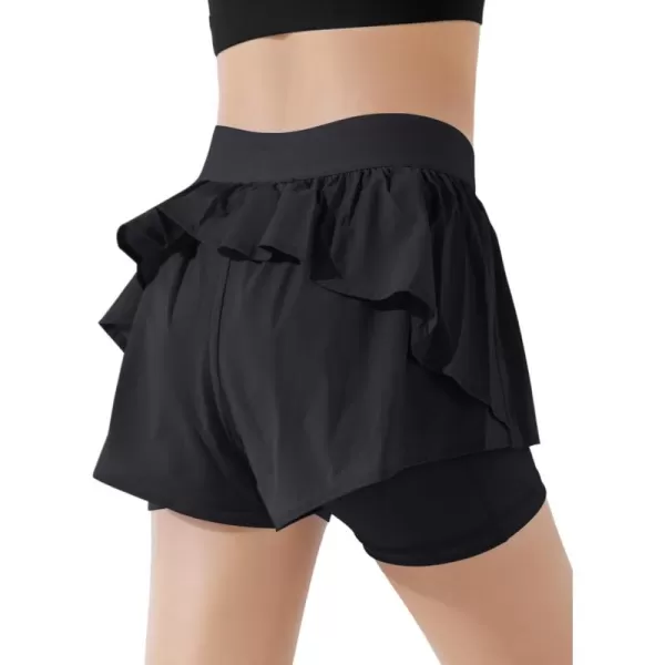Girls Ruffle 2-in-1 Athletic Shorts Kids Gym Skorts Butterfly Skirts 5-14 Years