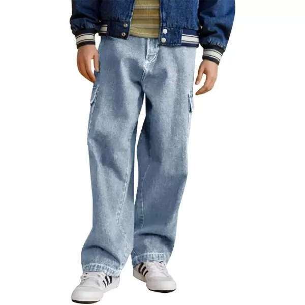 Haloumoning Boys Cargo Baggy Pants Elastic Waist Wide Leg Jeans Casual Demin Pants with Pockets 5-14 Years