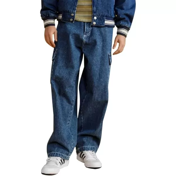 Haloumoning Boys Cargo Baggy Pants Elastic Waist Wide Leg Jeans Casual Demin Pants with Pockets 5-14 Years