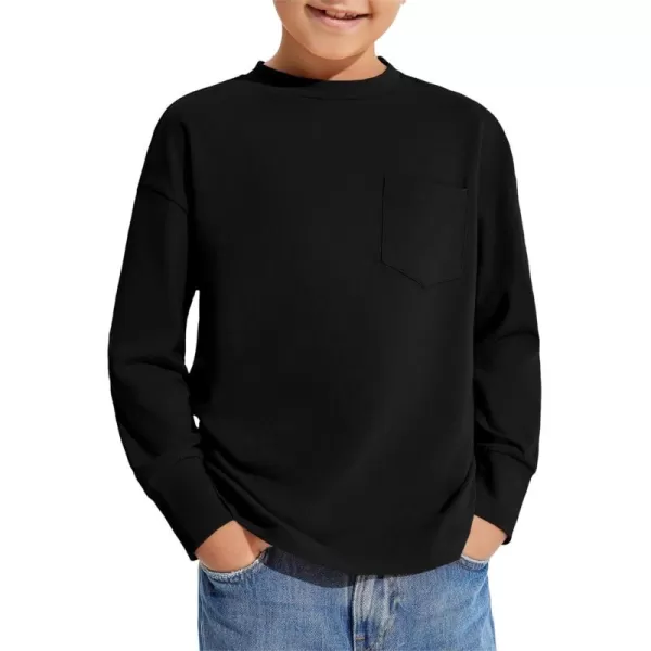 Haloumoning Boys Long Sleeve Shirts Kids Fashion Crewneck Side Slit Tops Tees with Pocket 5-14 Years