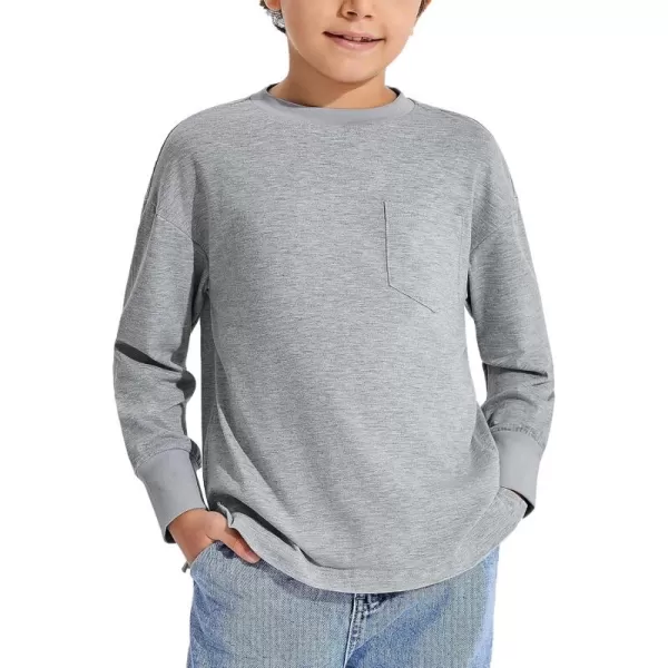 Haloumoning Boys Long Sleeve Shirts Kids Fashion Crewneck Side Slit Tops Tees with Pocket 5-14 Years