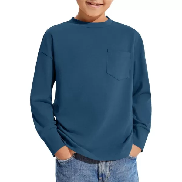 Haloumoning Boys Long Sleeve Shirts Kids Fashion Crewneck Side Slit Tops Tees with Pocket 5-14 Years