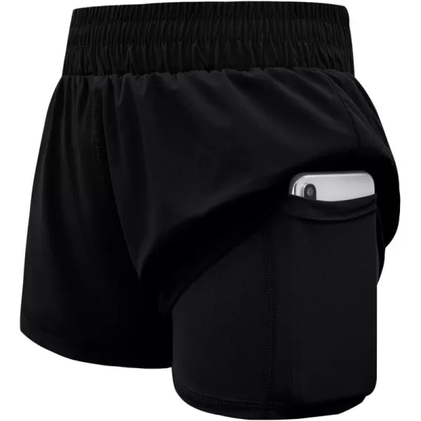 Haloumoning Girls Athletic Shorts High Waist Elastic 2 in 1 Running Shorts with Side Pockets 5-14 Years