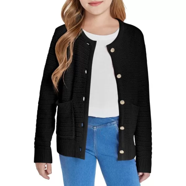 Haloumoning Girls Button Down Tweed Knit Cardigan Sweaters Kids Fashion Fall Outerwear with Pockets