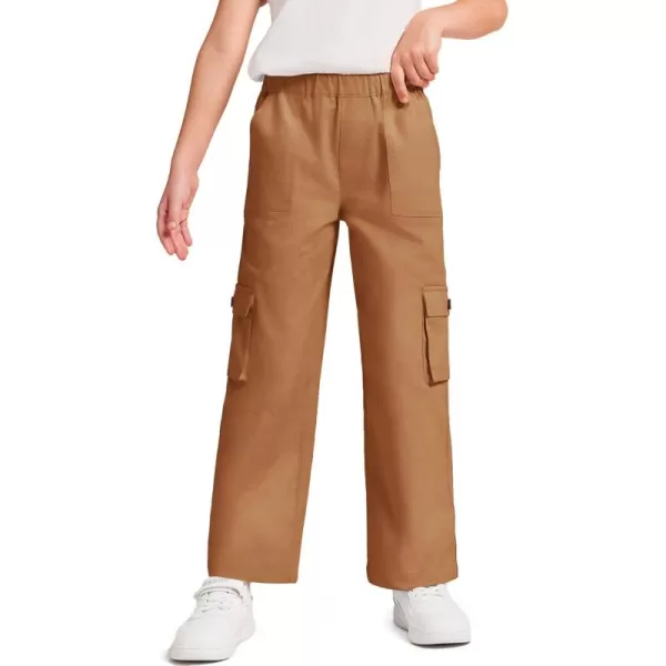 Haloumoning Girls Cargo Pants High Elastic Waist Kids Straight Leg Twill Trousers with Pockets 5-14 Years