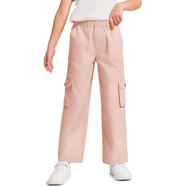 Haloumoning Girls Cargo Pants High Elastic Waist Kids Straight Leg Twill Trousers with Pockets 5-14 Years