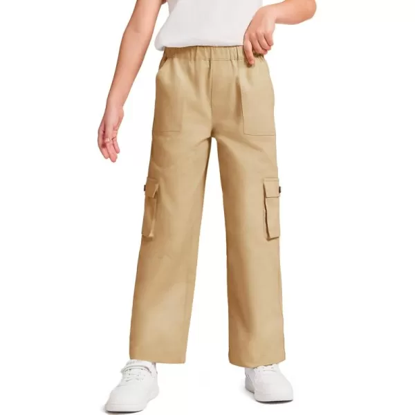 Haloumoning Girls Cargo Pants High Elastic Waist Kids Straight Leg Twill Trousers with Pockets 5-14 Years