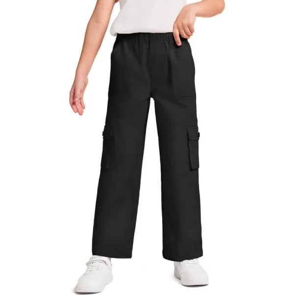 Haloumoning Girls Cargo Pants High Elastic Waist Kids Straight Leg Twill Trousers with Pockets 5-14 Years