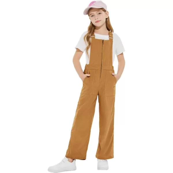 Haloumoning Girls Corduroy Overalls Kids Fashion Zip Up Jumpsuits Loose Casual Jumpers with Pockets