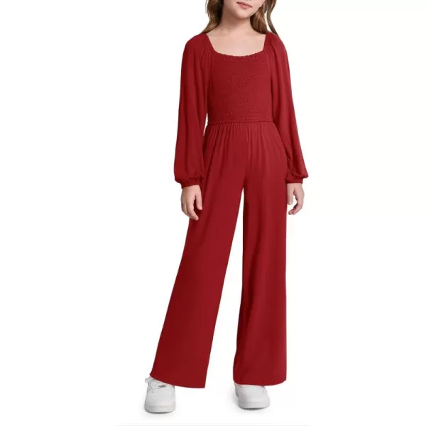 Haloumoning Girls Jumpsuit Kids Long Sleeve Smocked Wide Leg Romper 4-14 Years