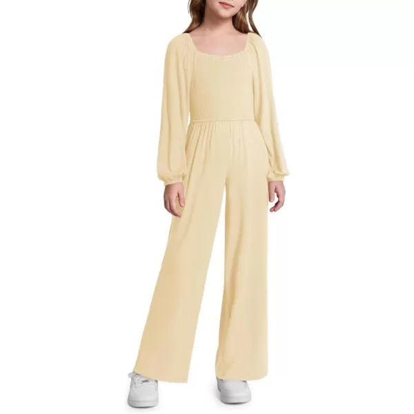 Haloumoning Girls Jumpsuit Kids Long Sleeve Smocked Wide Leg Romper 4-14 Years
