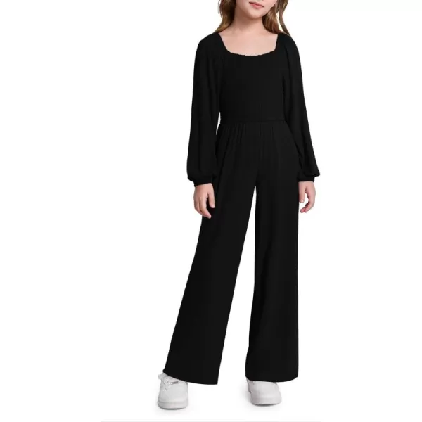 Haloumoning Girls Jumpsuit Kids Long Sleeve Smocked Wide Leg Romper 4-14 Years