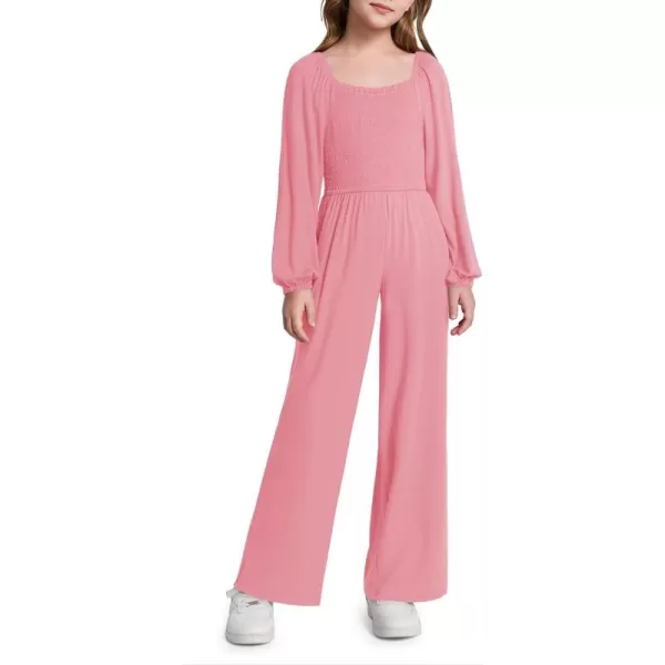 Haloumoning Girls Jumpsuit Kids Long Sleeve Smocked Wide Leg Romper 4-14 Years