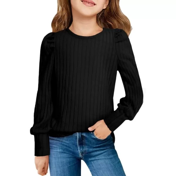 Haloumoning Girls Puff Long Sleeve Shirts Kids Fashion Ribbed Knit Tops Blouse 5-14 Years