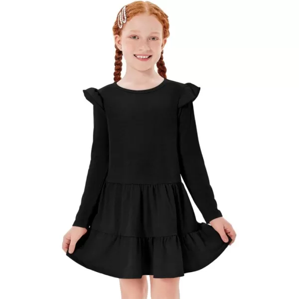 Haloumoning Girls Ruffle Long Sleeve Tiered Dresses Kids Fall Cute Flowy Crewneck Dress 5-14 Years