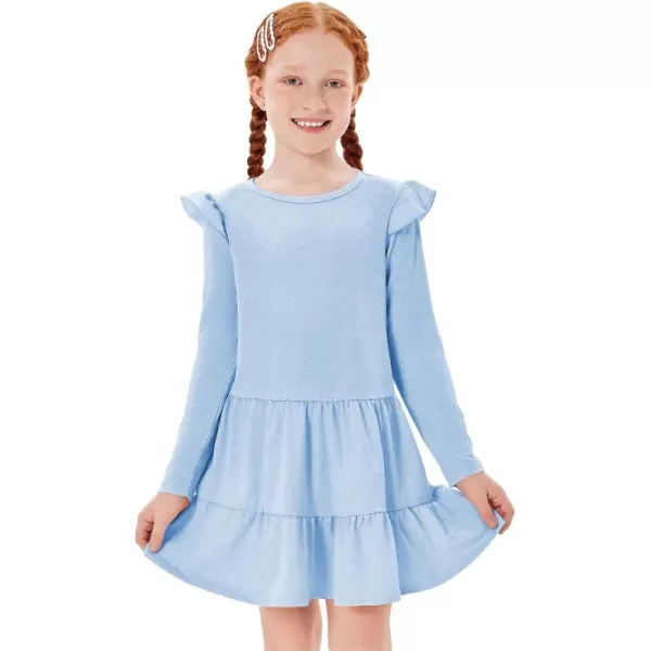 Haloumoning Girls Ruffle Long Sleeve Tiered Dresses Kids Fall Cute Flowy Crewneck Dress 5-14 Years