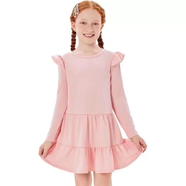 Haloumoning Girls Ruffle Long Sleeve Tiered Dresses Kids Fall Cute Flowy Crewneck Dress 5-14 Years