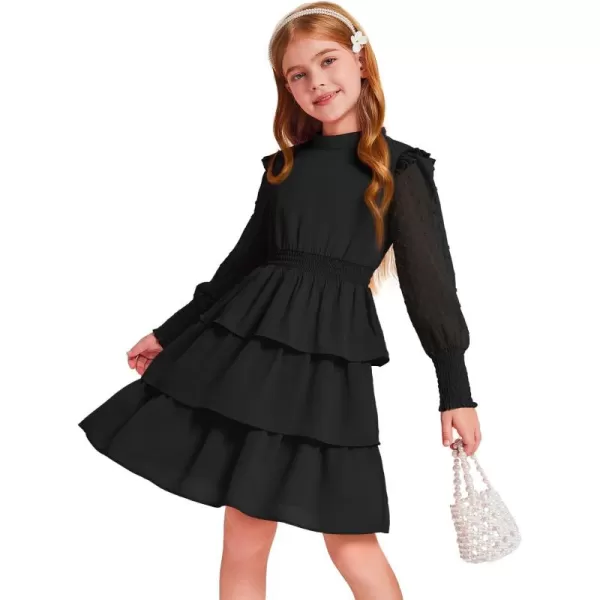Haloumoning Girls Ruffle Tiered Dresses Kids Cute Solid Long Sleeve Boho Dress 5-14 Years