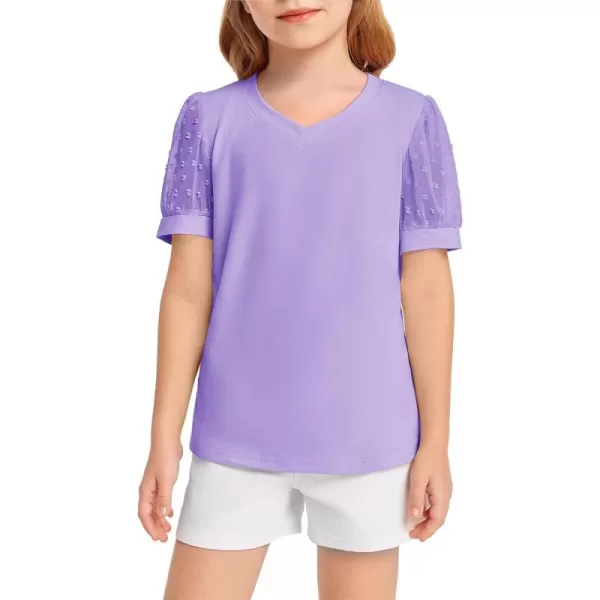 Haloumoning Girls T Shirts Kids Summer Swiss Dots Texture Sheer Puff Sleeves V Neck Blouse Tee Tops 5-14 Years