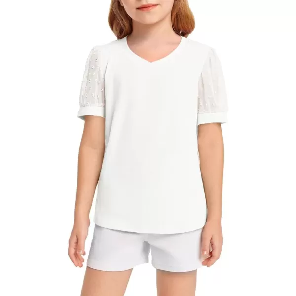 Haloumoning Girls T Shirts Kids Summer Swiss Dots Texture Sheer Puff Sleeves V Neck Blouse Tee Tops 5-14 Years