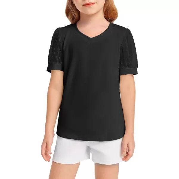 Haloumoning Girls T Shirts Kids Summer Swiss Dots Texture Sheer Puff Sleeves V Neck Blouse Tee Tops 5-14 Years