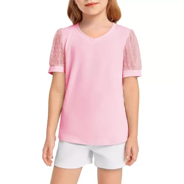 Haloumoning Girls T Shirts Kids Summer Swiss Dots Texture Sheer Puff Sleeves V Neck Blouse Tee Tops 5-14 Years