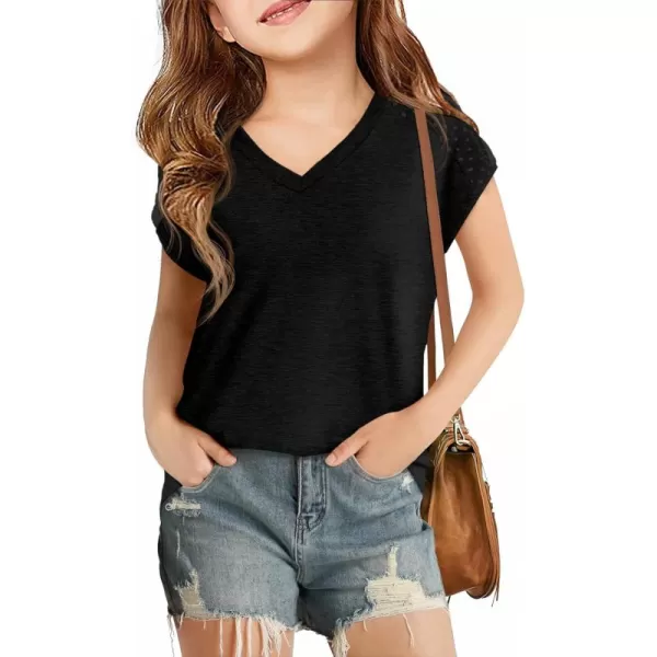Haloumoning Girls V Neck T-Shirts Kids Summer Swiss Dot Short Sleeve Tops Cute Fashion Tees 5-14 Years