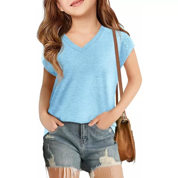 Haloumoning Girls V Neck T-Shirts Kids Summer Swiss Dot Short Sleeve Tops Cute Fashion Tees 5-14 Years