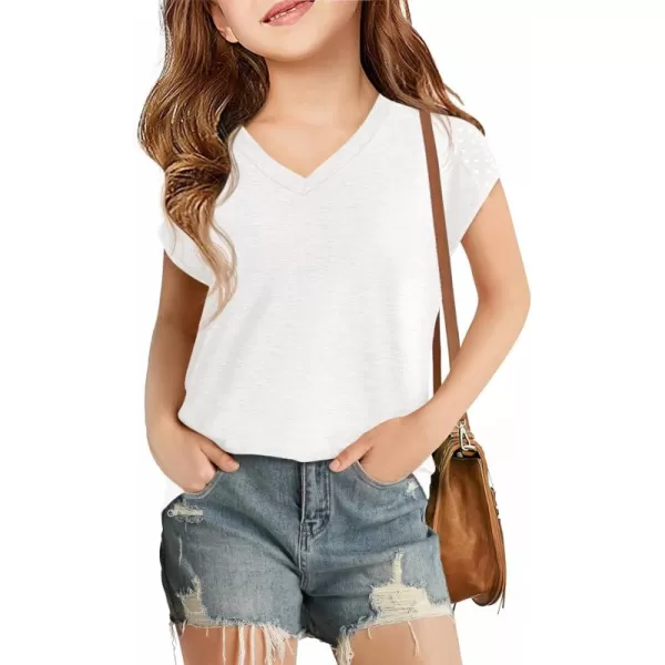 Haloumoning Girls V Neck T-Shirts Kids Summer Swiss Dot Short Sleeve Tops Cute Fashion Tees 5-14 Years