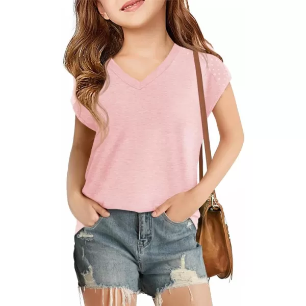Haloumoning Girls V Neck T-Shirts Kids Summer Swiss Dot Short Sleeve Tops Cute Fashion Tees 5-14 Years
