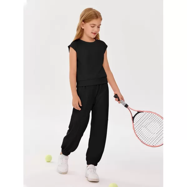 Haloumoning Girls 2 Piece Jogger Pant Sets Outfits Summer Cap Sleeve T Shirts Clothing Set 4-14 Years