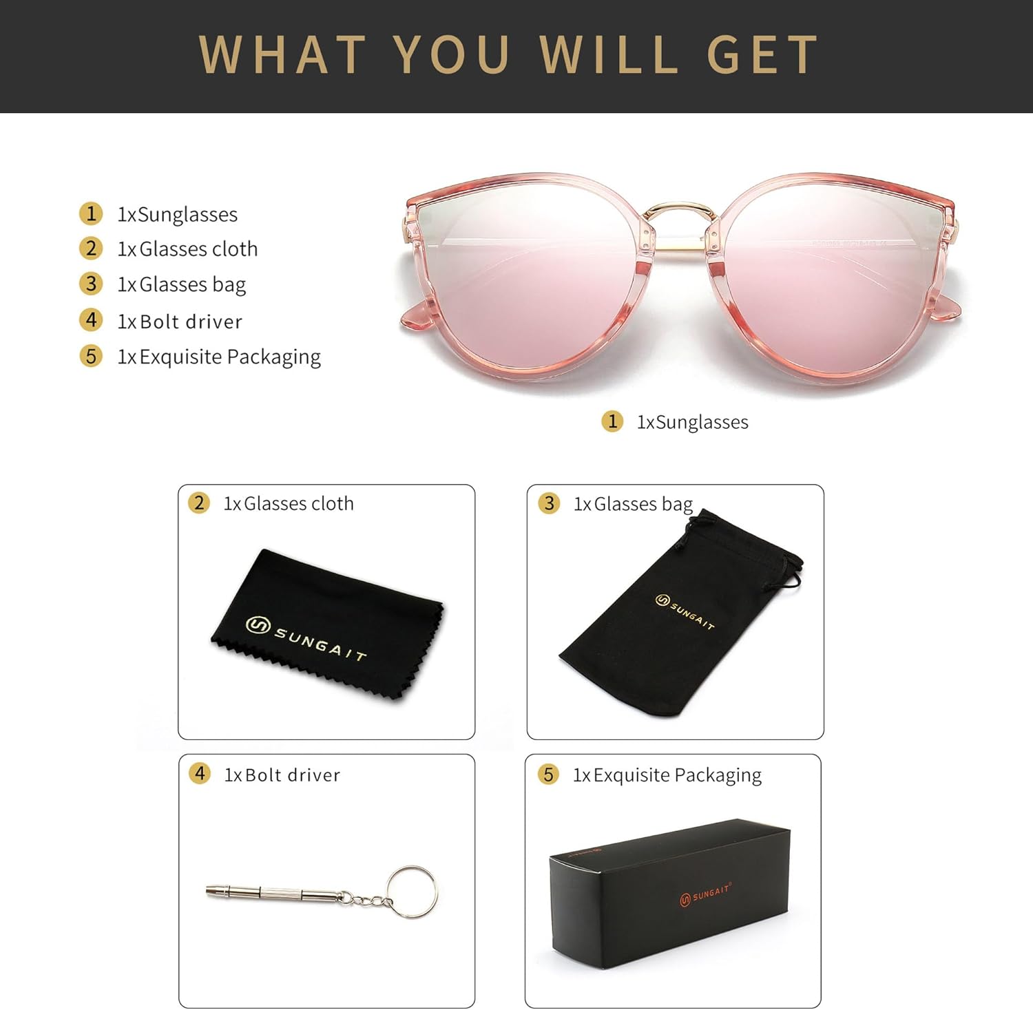 SUNGAIT Oversized Vintage Polarized Cat Eye Sunglasses for Women UV400Transparent Pink FramePink Mirrored Lens