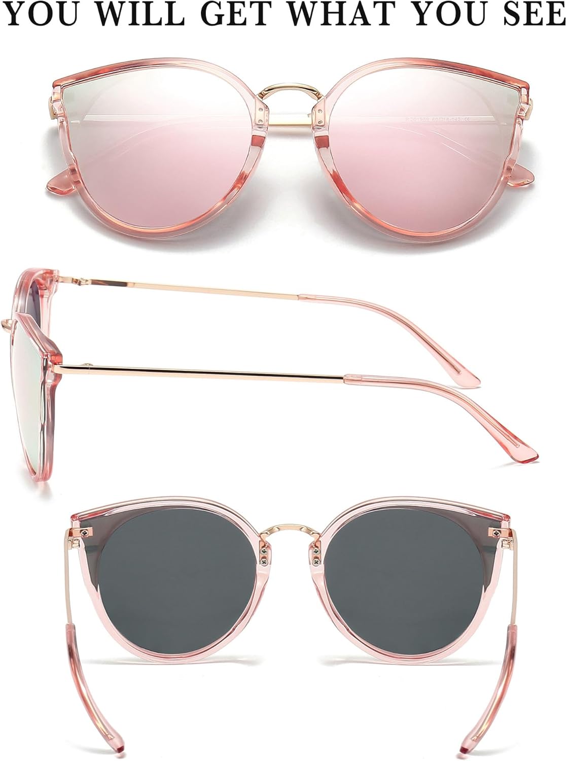 SUNGAIT Oversized Vintage Polarized Cat Eye Sunglasses for Women UV400Transparent Pink FramePink Mirrored Lens