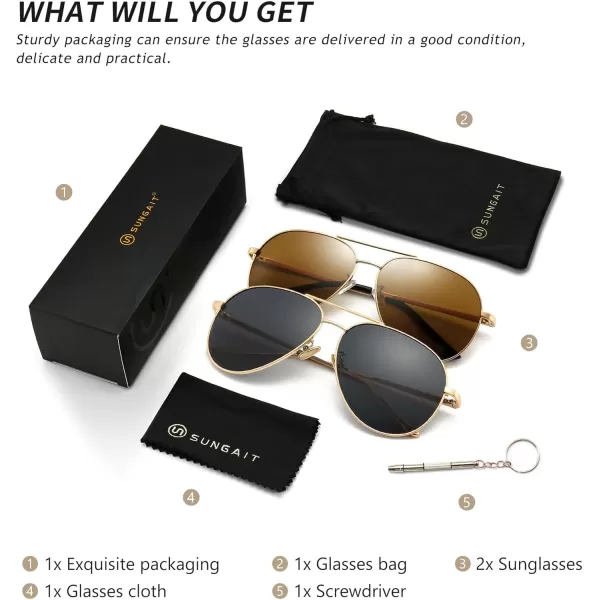SUNGAIT Aviator Polarized Sunglasses UV400 Protection for Men Women Vintage Retro Style2 Pack Polarizedlightgold GraylightgoldBrown